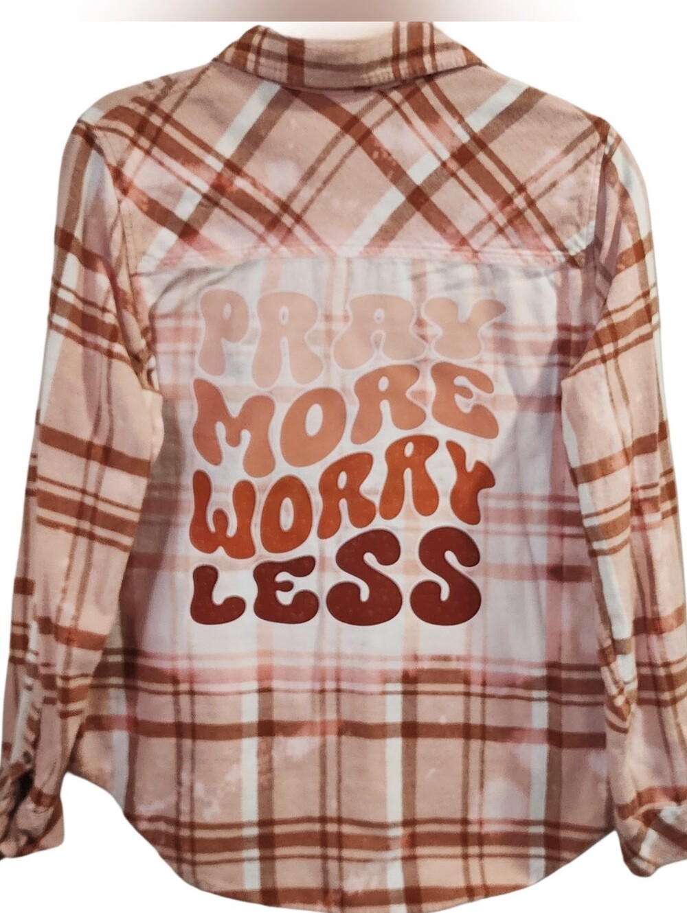 Pray More Worry Less Custom Christian Upcycled Plaid Flannel Shirt, Women's M